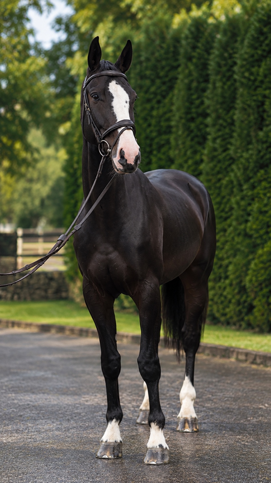 Dark bay 2021 Latvian Warmblood gelding standing square, seen from the front